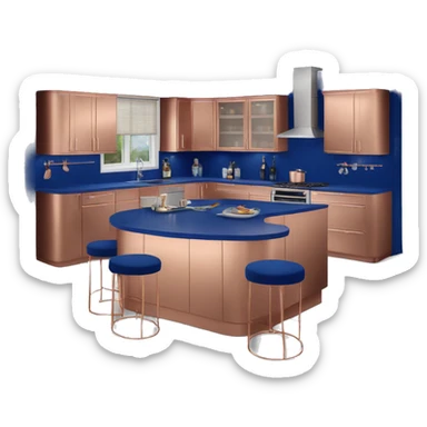 Realistic front facing rose gold and cobalt blue kitchen with counter and island bar. sticker