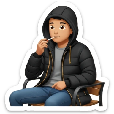 A man sitting on a chair, wearing a black puffed coat with hood, hands in his pocket, smoking a cigaret, he is on a chair, the chair is an outside coffe terrasse chair sticker