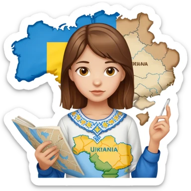 A Ukrainian girl with brown hair wearing an embroidered shirt holds a map of Ukraine sticker