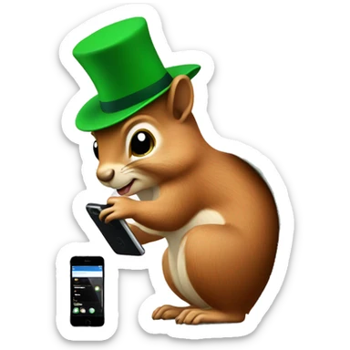Squirrel wearing green hat and using mobile phone sticker