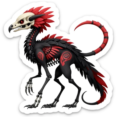 Rare realistic dark edgy evil tribal patterned red-feathered skeletal badass epic handsome gorgeous aesthetic black-skulled Vernid-Trico-Sergal-species-Fakemon-creature by LiLaiRa, 4 legs, 1 tail, random markings, (full body) sticker