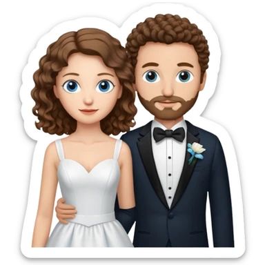 wedding couple, woman has long lightly curled brown hair and blue eyes, man has short light brown curly hair and facial hair with blue eyes sticker