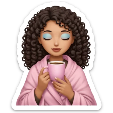 hispanic woman, brown skin, black long 3b curls, closed eyes, feminine face, holding soft pink coffee cup with beige blanket over shoulders, correct fingers, no eyeshadow sticker