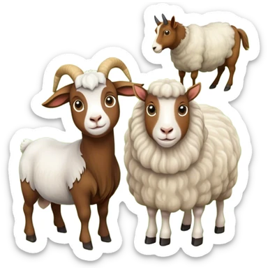 Icon for Domestic Hooved Animals: A gentle collage featuring a brown goat with large, curious eyes, a calm sheep with soft wool and a horse with a flowing mane. Background with a green pasture and a few hay bales. Transparent background. sticker