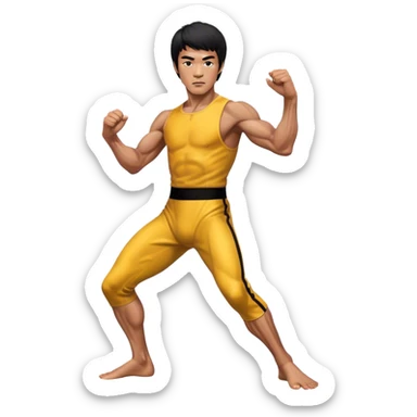 Cinematic Realistic portrait of Bruce Lee, shown as a legendary martial artist in a dynamic, powerful pose with modern athletic attire and finely detailed muscle definition, rendered in dramatic action lighting sticker