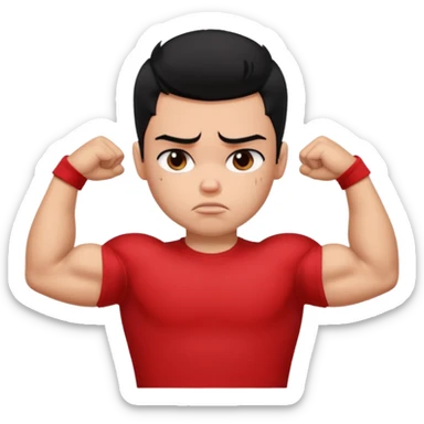 a pretty bratz boy with black hair and a red tshirt, big biceps looking sad sticker