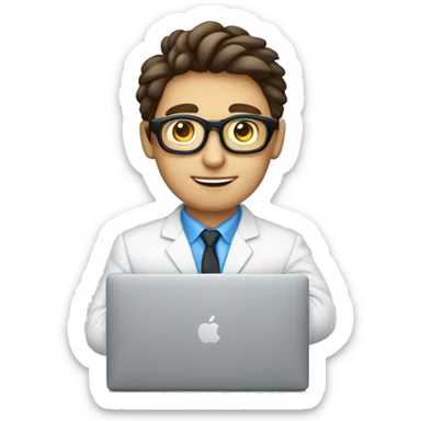 Un ragazzo riccio castano con gli occhi azzurri e gli occhiali che ha un macbook in mano sticker