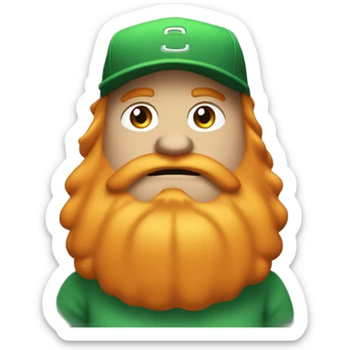 fat man with orange long hair and large beard. Green baseball cap and confident. smug expression with a slight smirk and half-closed eyes. sticker