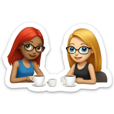Two girl friends one blonde in glasses blue eyes and one red headed with no glasses sitting in the coffee house drinking coffee sticker