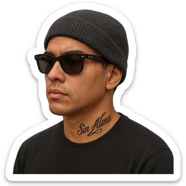 Latino male wearing a beanie and Ray-Bans, black long sleeve shirt, no facial hair, tattoo on neck that says 'Sin Alma', realistic style, no background sticker