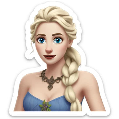 Warcraft award winning Elsa in MS-DOS style, oil paint, mysterious eyes, intricate lips, masterpiece pose, odd perspective, beautiful, desirable, logical, midsommar, ikea sticker