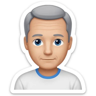 Middle aged man with tanned skin, little black to grey hair, receding hairline and no beard, blue eyes, shy smile sticker