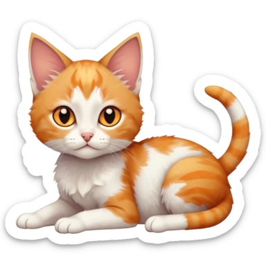 full body of very small + skinny ginger and white kitten with deep orange eyes and triangular shaped face lying down with bent front paws sticker