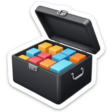 Minimalistic flat vector icon, iOS style, thin black contour on white background. Open box with neatly arranged objects inside. No text, no shadows.
 sticker