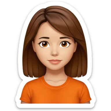 Linda Cardellni with brown hair, orange shirt sticker