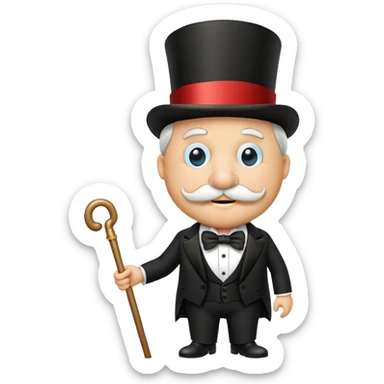 Rich Uncle Pennybags with mustache, top hat, tuxedo, and cane sticker
