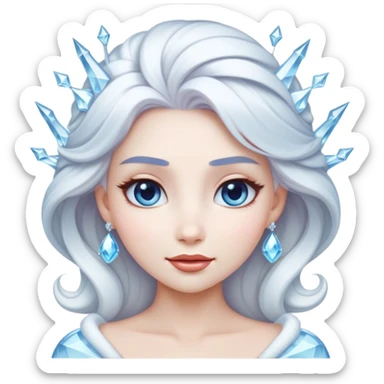 Cinematic Radiant Snow Queen Portrait Emoji, rendered in a realistic, vector style with clean proportions. Show Elsa with a gentle, confident smile, icy pale skin, and luxuriously styled platinum hair, her expression calm and regal. The image glows with a soft, enchanting icy luminescence, high shine, and is accented by a soft glowing outline that enhances her ethereal beauty. sticker