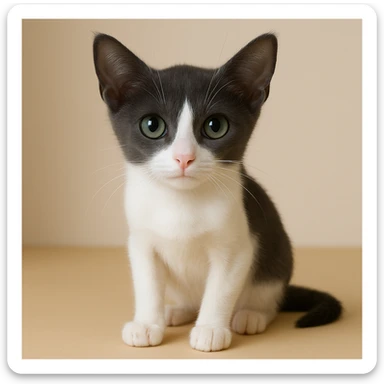 Make the kitten skinnier by about 20%, keep the fur only gray on top with no stripes, white nose and underbelly, in a realistic style with lifelike details. sticker