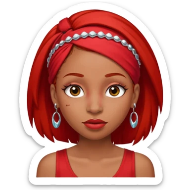 light-skinned black girl with long eyelashes with long strait dark brown hair with edges wearing a red top with no sleeves. and a red accessory on her head with nose and mouth piercings. sticker