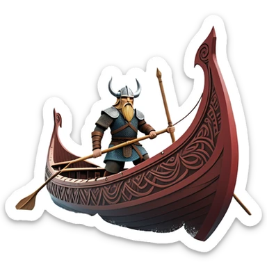 clash-of-clans-aesthetic_-cinematic-viking-longboat, rendered in a flat, bold vector style with minimal shading, featuring a striking dragon-headed prow slicing through icy, churning waters. shields on the side and vikings rowing The longboat’s intricately detailed shields and carved motifs evoke a sense of epic adventure and Nordic might, with billowing sails catching a dramatic, stormy sky backdrop. sticker