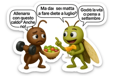 EMOJI STILE IPHONE 3D DI una cicala e una formica che parlano tra loro, la formica ha nella mano destra un manubrio da palestra e nella nella mano sinistra una bowl di insalata, la cicala invece ha un cocktail in mano, la cicala prende in giro la formica E LE DICE IN 3 FUMETTI DIFFERENTI: "Ma dai, sei matta a fare diete a luglio?”
“Allenarsi con questo caldo? Anche no!”
“Goditi la vita, ci pensi a settembre.”
 sticker