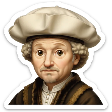 emoji of rembrandt,-shown-as-a-master-artist-with-deep,-introspective-eyes-and-richly-detailed-period-clothing,-rendered-with-dramatic-chiaroscuro-lighting-that-emphasizes-his-legacy white puffy hat sticker