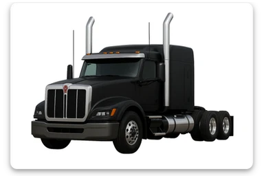 Edit the image of a 2026 Kenworth W680 flattop black semi sleeper with chrome exhaust stacks, no cans, front angle, with no background. Maintain the realistic style and front angle view with no background. sticker