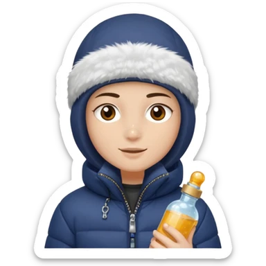 Junge mit Sturmhaube braune augen auf der rechten seite kleinen nasenpircing (glitzerstein) in der Rechten hand eine Jacky flasche und einer winterjacke mit fell an der mütze sticker