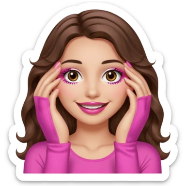 girl with long wavy brown hair, brown eyes, long lashes, sexy pink lips, light to medium complexion, wearing a pink sexy top, smiling, hands covering over the eyes sticker