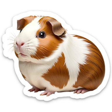 Cinematic Noble Brown and White Banded Guinea Pig Portrait Emoji, Poised and regal, with a compact, chubby build and a uniquely patterned fur of warm brown and crisp white banding, deep-set soulful dark eyes, Simplified yet sharp and sophisticated features, highly detailed, glowing with a soft, dignified glow, high shine, intelligent and charming, stylized with an air of distinctive elegance, focused and attentive, soft glowing outline, capturing the essence of a watchful and confident companion, so majestic it feels as though it could scurry out of the screen with effortless authority! sticker