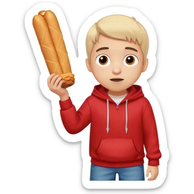 ute funny Spanish cartoon boy named Peque Tito, red hoodie, denim shorts, big expressive eyes, holding a churro, Pixar-style, viral character.” sticker