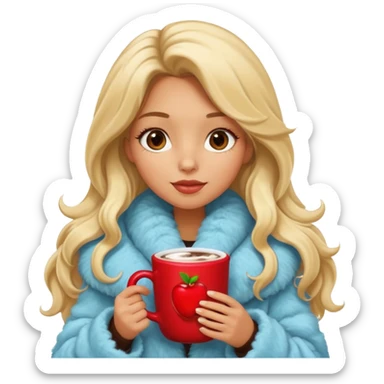 Tanned Girl with lashes , blonde hair, in an extremely big fluffy oversized coat and hold hot chocolate drink and more look like apple emoji face sticker