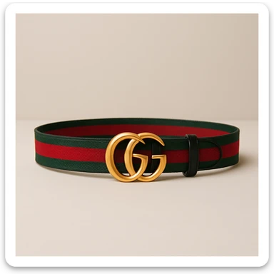 Change the belt band to green, black, and red stripes, keep the gold GG buckle and luxury look, maintaining a high-end fashion style. sticker