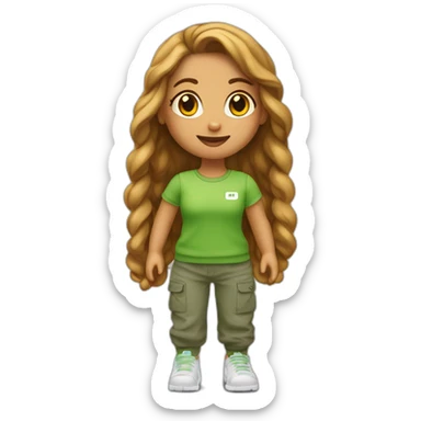 Een meisje met steil lang haar met een groene truien en een wide cargo broek en witte Nike sticker