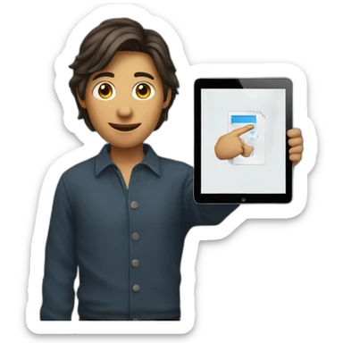 person holding an ipad, while pointing to it sticker