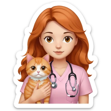 a girl with black eyes and long wavy hair, wearing a soft pink short-sleeved round neck tshirt with a stethoscope on her neck while holding an orange persian cat sticker