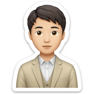 Asian guy wavy short hair, dressed stylishly, looking demure sticker