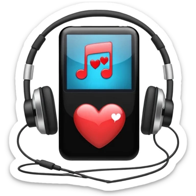 An iPod with headphones, showing a heart icon for favorites sticker
