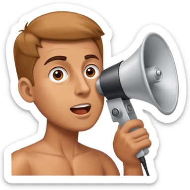 A man speaks into a loudspeaker sticker