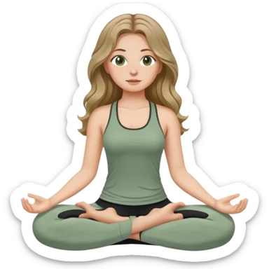 White girl, with long wavy dark blonde hair and hazel eyes, meditating wearing sage green top and black leggings sticker