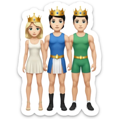 Prince with crown, black hair, body, legst, blue eyes, woman blonde hair, green eyes, sexy white short sleveless dress,  sticker