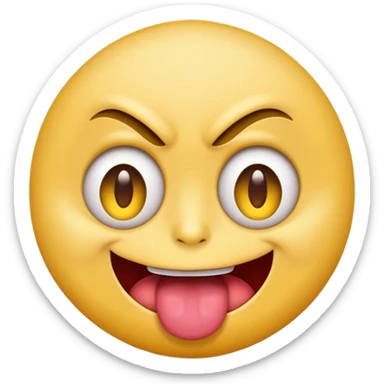 A yellow round face emoji smirking with its tounge out but the eyes are evil and kind of crazy and one eyebrow is raised in a suggestive way sticker