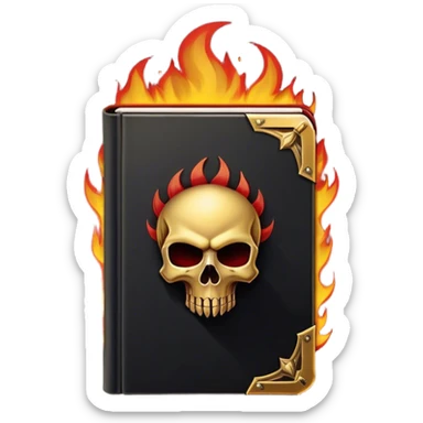Un libro negro mate con detalles en dorado profundo o rojo oscuro, irradiando una sombra poderosa, con un símbolo de escudo o calavera, y una ligera aura de fuego o humo, reflejando el poder de vivir sin miedo.  sticker