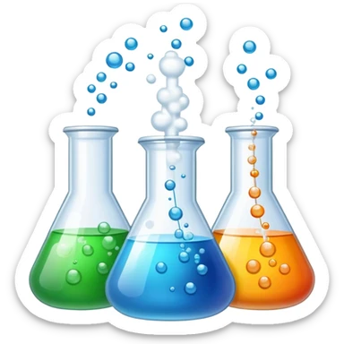 An icon featuring laboratory flasks with tubes, symbolizing chemistry. The design includes liquid and powder substances, a chemical reaction with bubbles, and molecular formulas, representing chemical processes like hydrolysis. Transparent background sticker