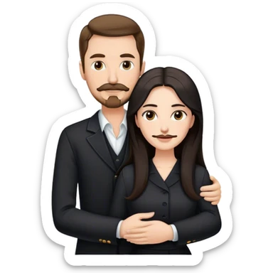 tall white man with brown hair goatee mustache hugging a pale woman with long black hair, wearing elegant clothing sticker