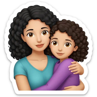 Hispanic mother with curly black hair and daughter with straight brown hair hugging sticker