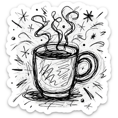 chaotic outlined icon of a coffee cup with erratic steam and scribbled lines sticker