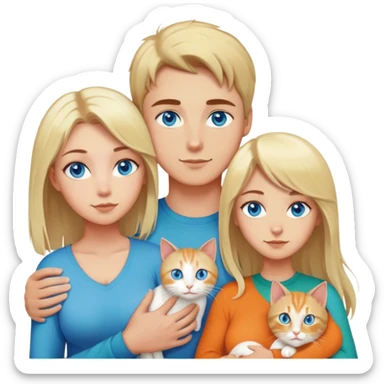 A family with a younger man with blue eyes and short brown hair, a younger woman with blue eyes, mid length blonde hair, and big breasts. And a cat with long hair that is a mix between orange and cream and green eyes sticker