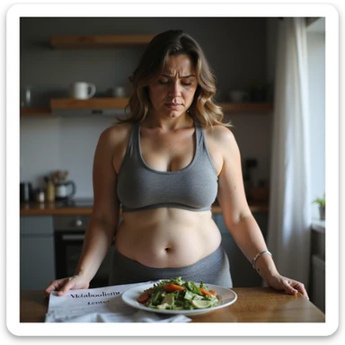 hyperrealistic 4K detailed image of a woman with PCOS, body with fat accumulation on abdomen and hips, wearing sportswear, frustrated expression, plate with salad in front, holding a sheet with visible text 'Metabolismo lento', domestic environment sticker