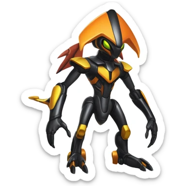a shiny metallic black-orange-yellow Genesect-Flygon-Raptor-Fakémon-Medabot-hybrid with a futuristic visor-helmet full body sticker